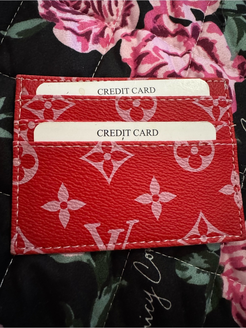 Louis Vuitton Red Monogram Card Holder with Light Pink Accents
